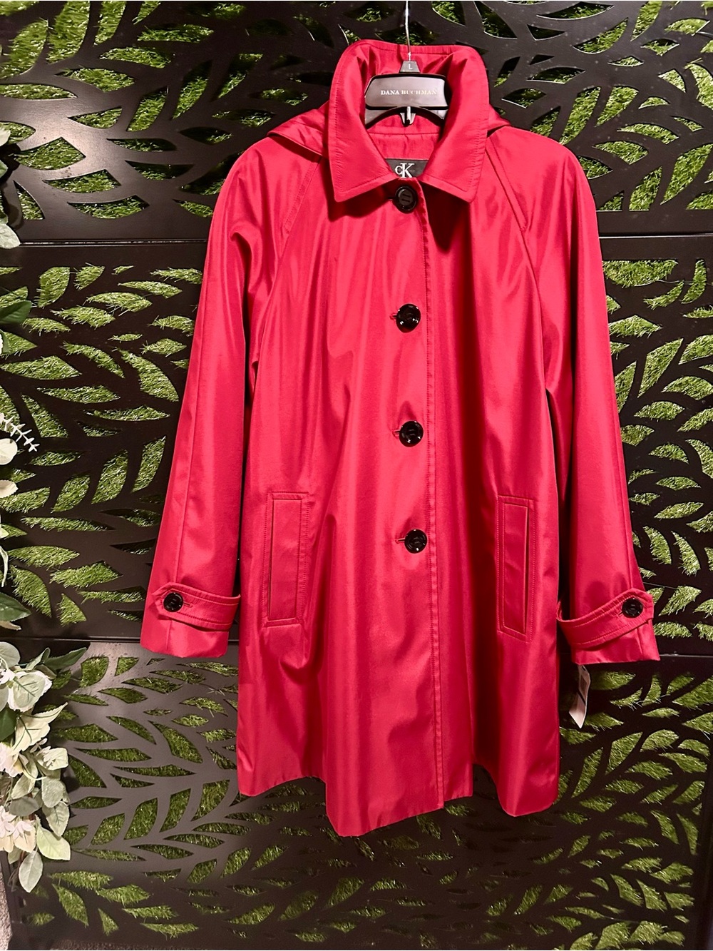 Calvin Klein Red Mid-Length Trench Coat w/removable hood, Women's XL
